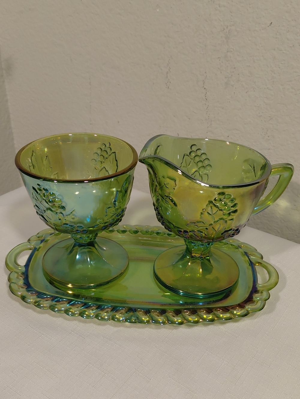 Iridescent Green Glass Creamer, Sugar & Tray Set